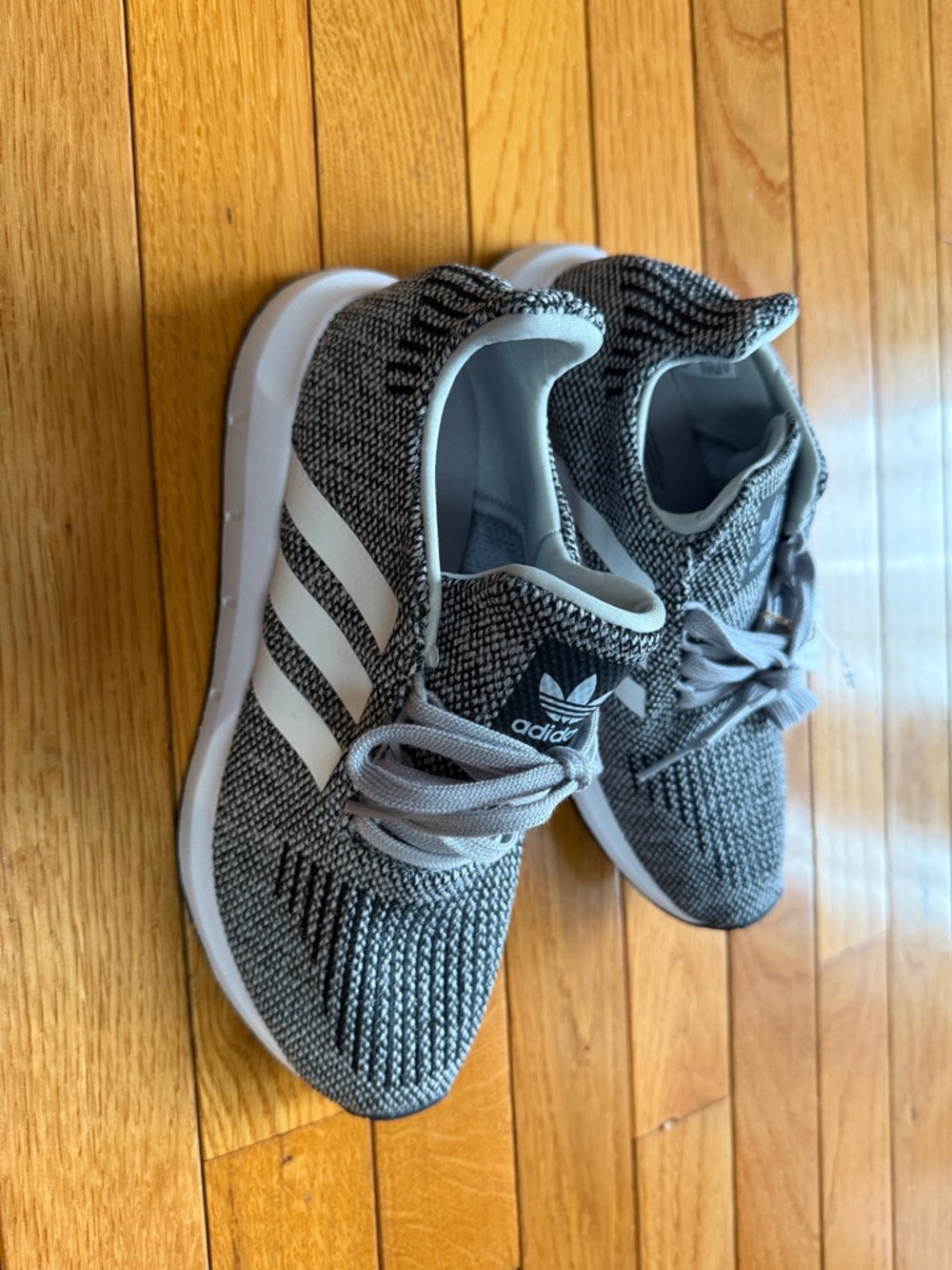 adidas Kids Grey Knit Sneakers with White Stripes